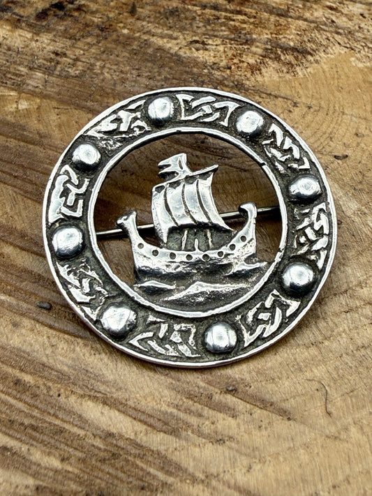 Antique Scottish Sterling Silver Viking Ship Brooch