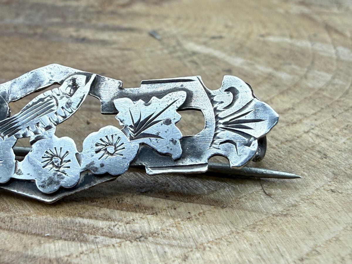 Victorian Songbird Sweetheart Brooch, Antique Sterling Silver