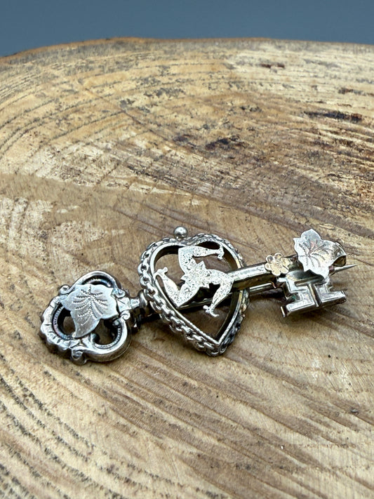 Victorian Sterling Silver Key & Heart Sweetheart Brooch