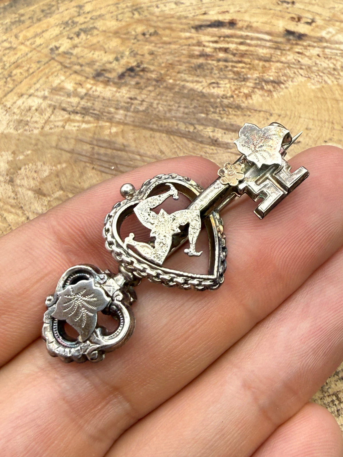 Victorian Sterling Silver Key & Heart Sweetheart Brooch