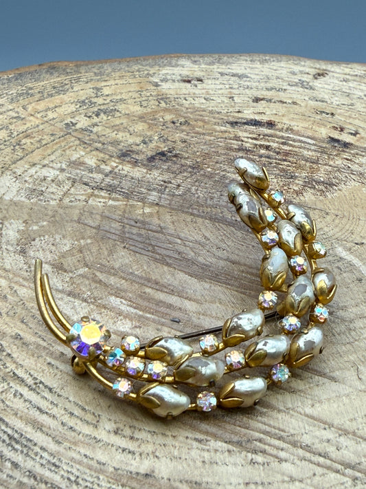 Vintage Sparkly Crescent Brooch, Aurora Borealis Rhinestones