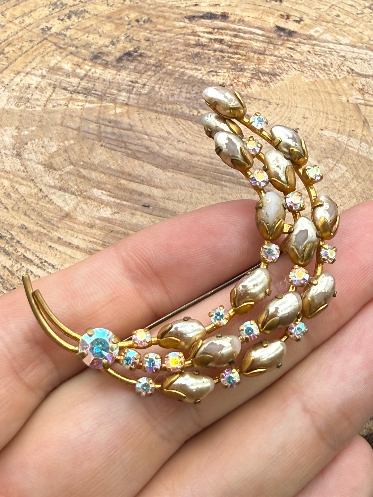 Vintage Sparkly Crescent Brooch, Aurora Borealis Rhinestones