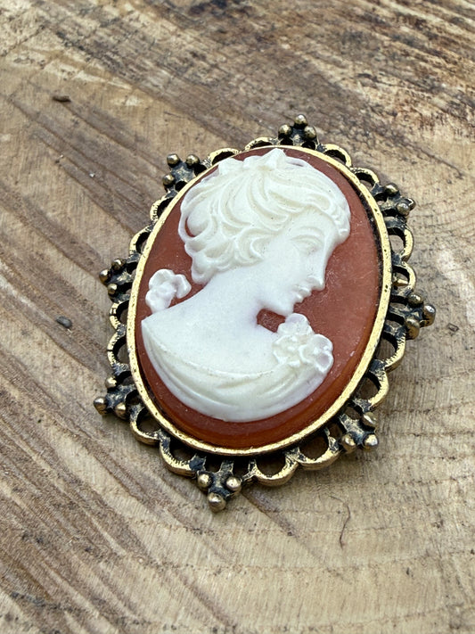 Vintage Cameo Brooch with Beaded Openwork Frame