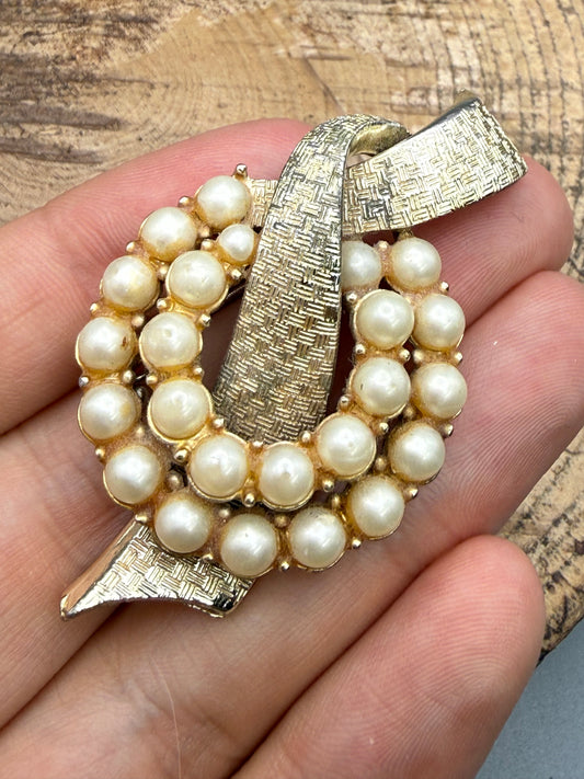 Coro Pegasus Faux Pearl Ribbon Brooch, 1940s Vintage