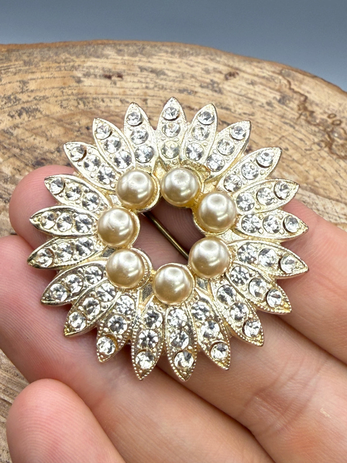 Vintage Starburst Brooch, Faux Pearl & Rhinestone