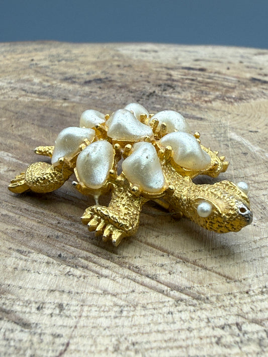 Vintage Marboux Turtle Brooch, Faux Pearl Cluster
