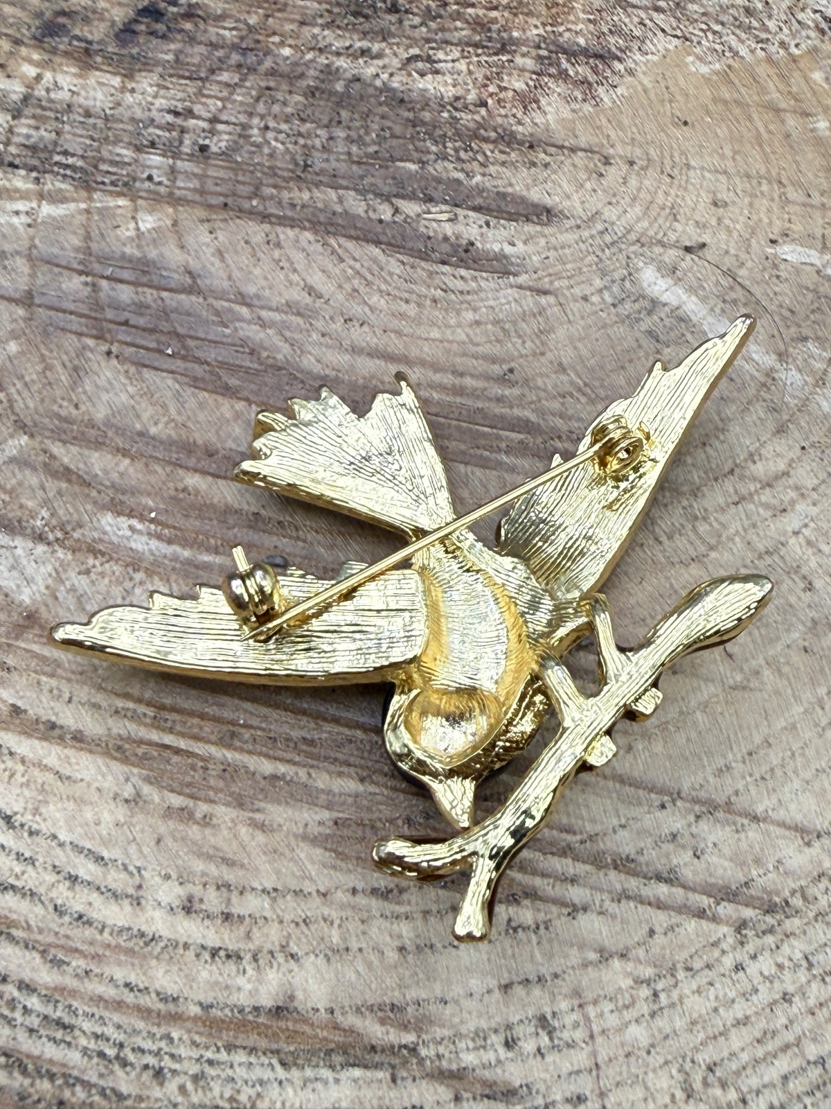Vintage Enamel Perched Bird Brooch, Rhinestone Detail