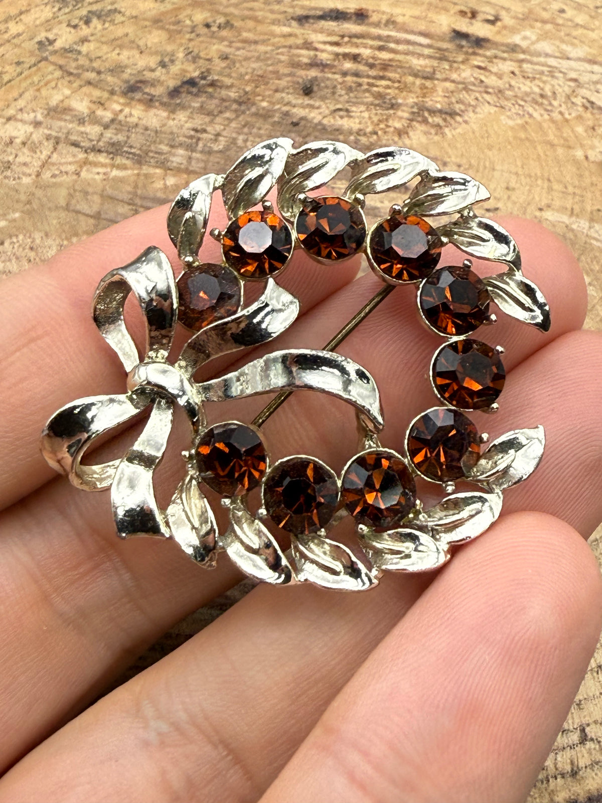 Vintage Brown Rhinestone Wreath & Bow Brooch