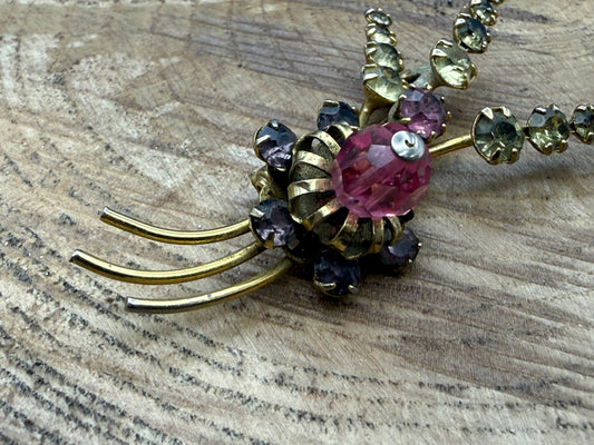 Vintage Floral Spray Brooch with Pink & Purple Rhinestones