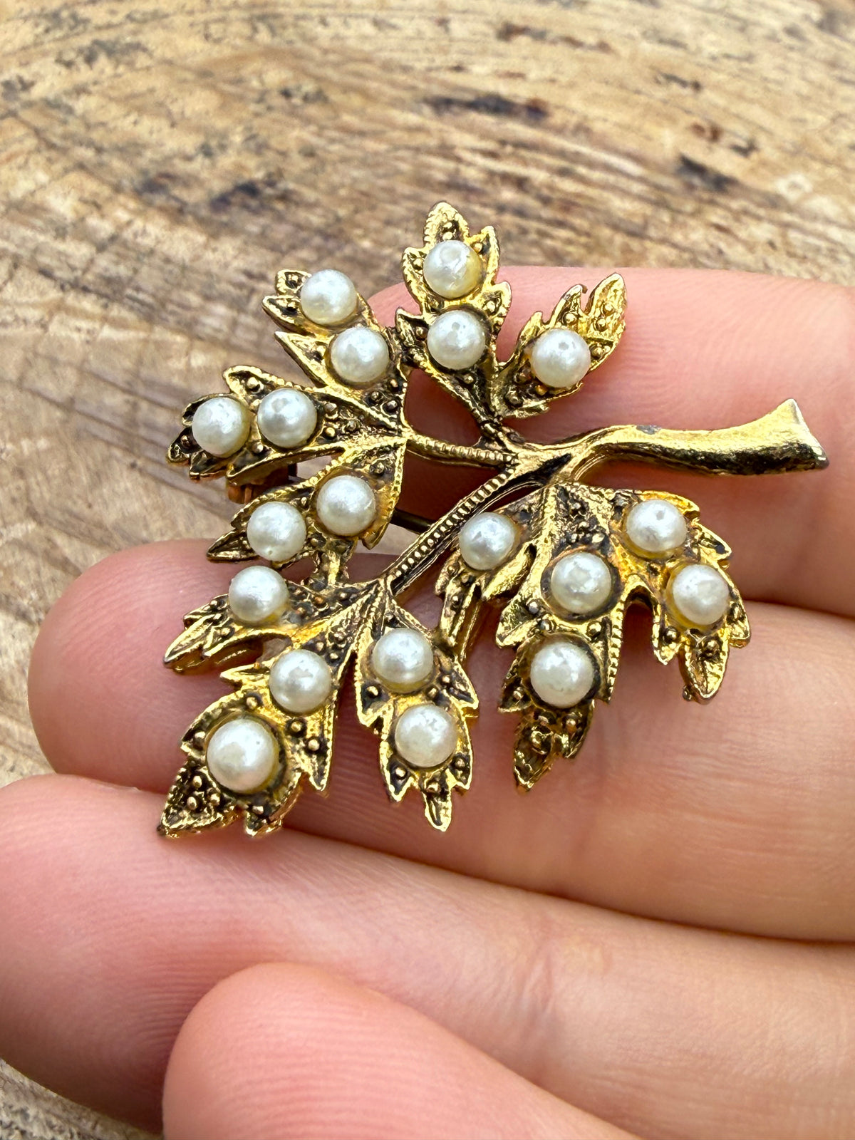 Vintage Oak Leaf Faux Pearl Brooch