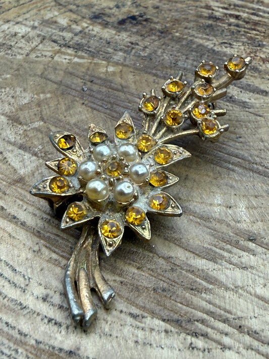 Mid Century Floral Spray Brooch with Citrine Rhinestones and Pearls