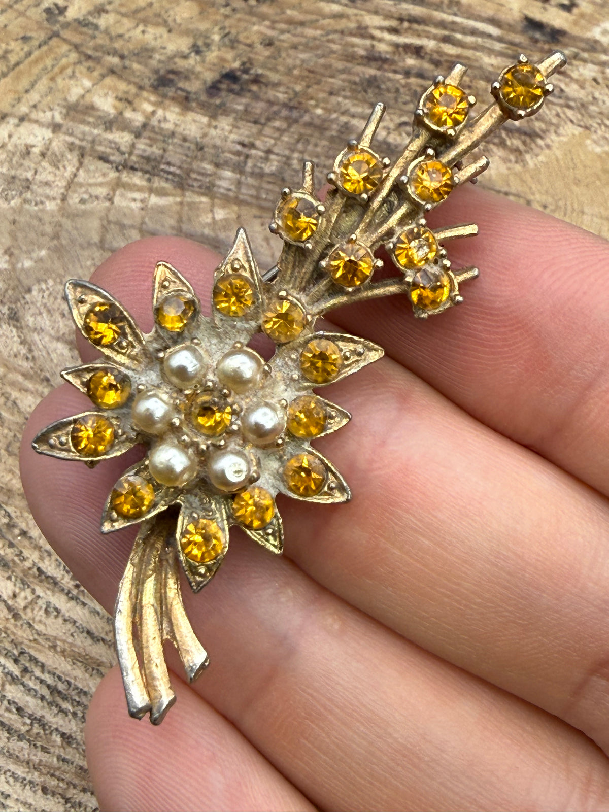 Mid Century Floral Spray Brooch with Citrine Rhinestones and Pearls