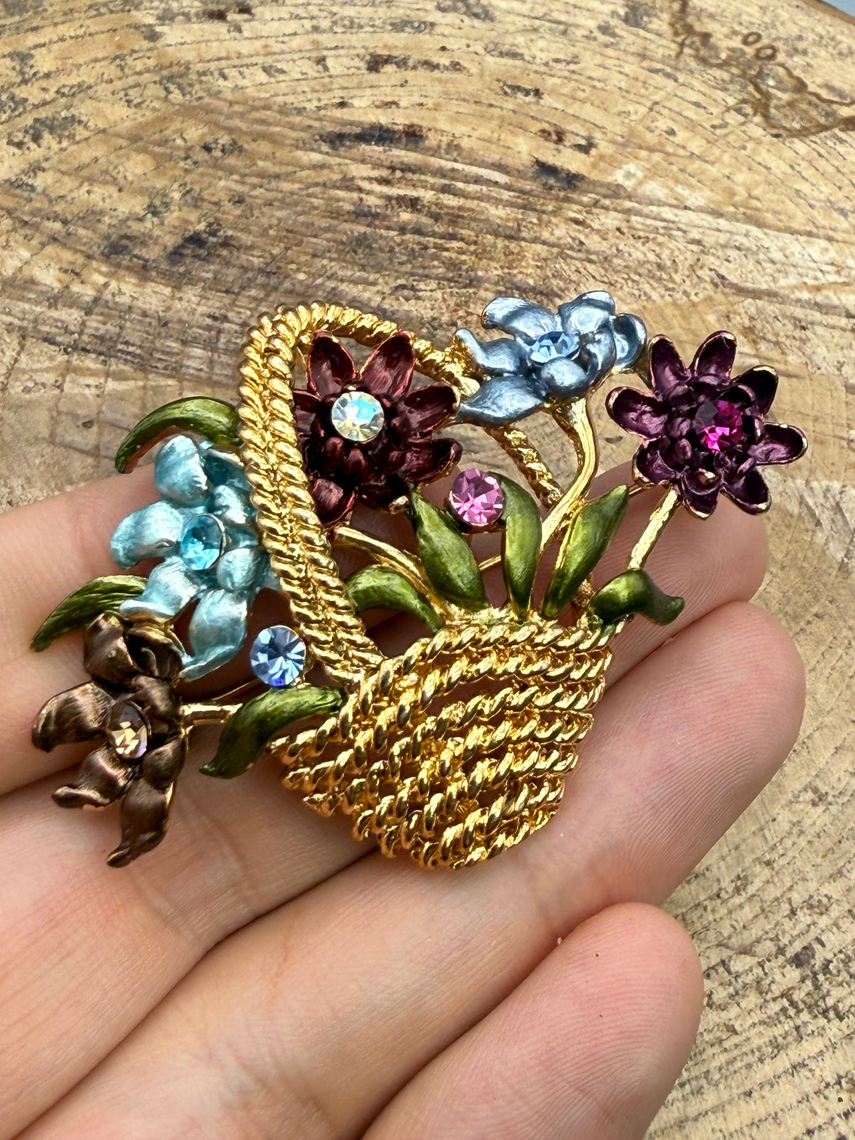 Flower Basket Brooch with Enamel Blooms and Rhinestones