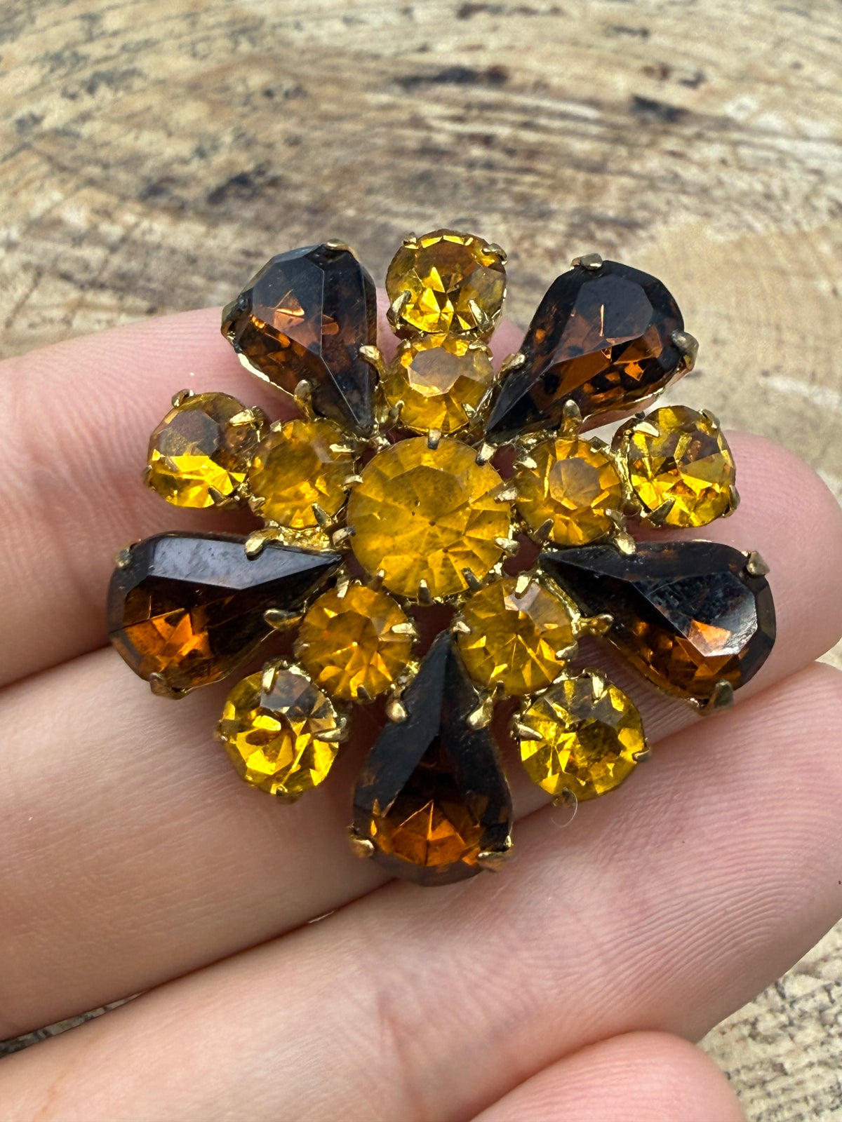 Vintage Brown & Orange Starburst Rhinestone Brooch