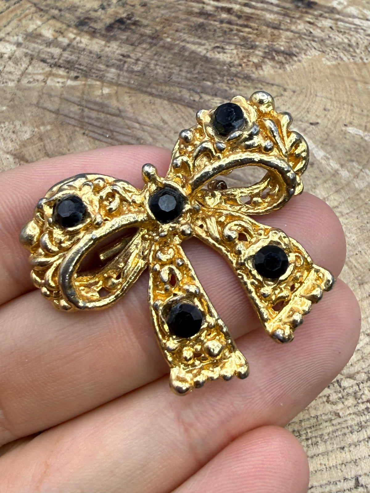 Vintage Textured Bow Brooch with Black Rhinestones