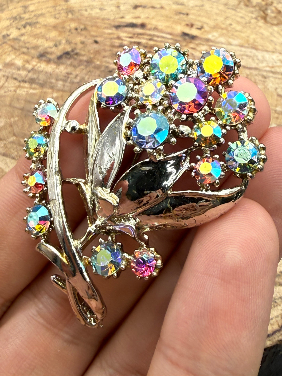 Vintage Red & Purple Aurora Borealis Flower Spray Brooch