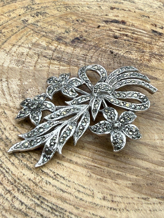 Vintage Marcasite Floral Bow Brooch