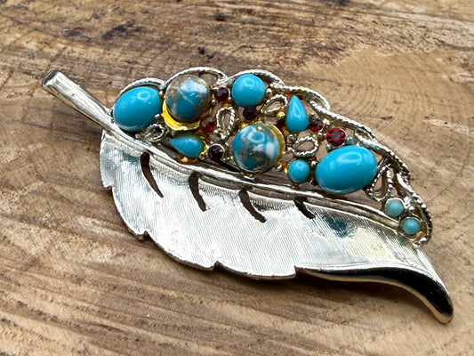 Vintage Turquoise Glass Leaf Brooch
