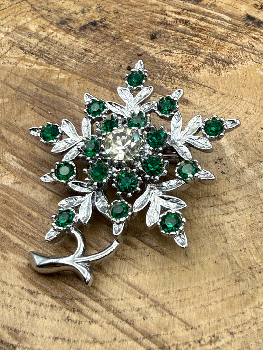 Vintage Leaf & Floral Rhinestone Brooch
