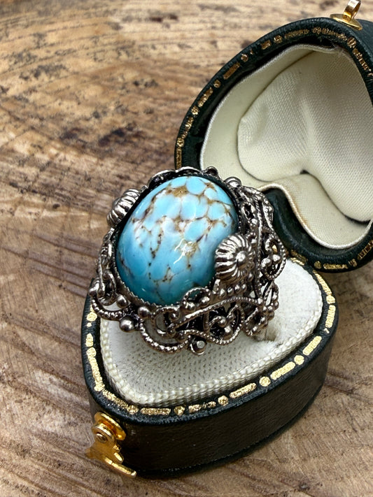 Vintage Marbled Blue Glass Filigree Ring
