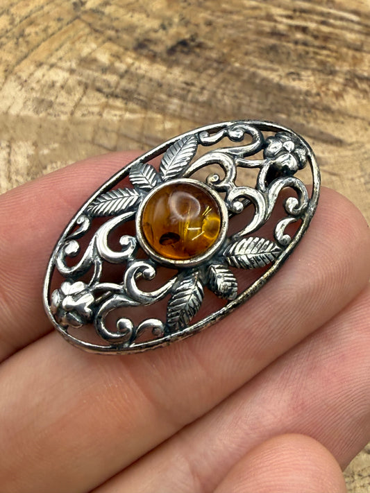 Vintage Sterling Silver Amber Brooch, Art Nouveau Style