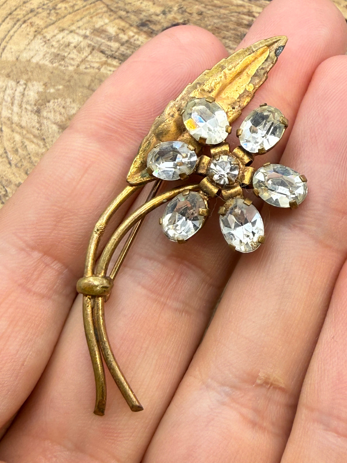 Vintage Floral Spray Brooch, Clear Rhinestones
