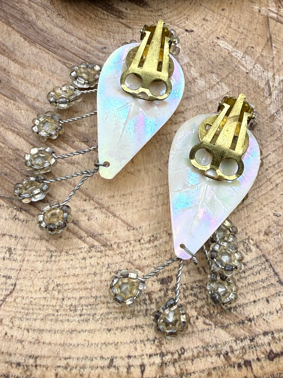Vintage Aurora Borealis Leaf Clip-On Earrings