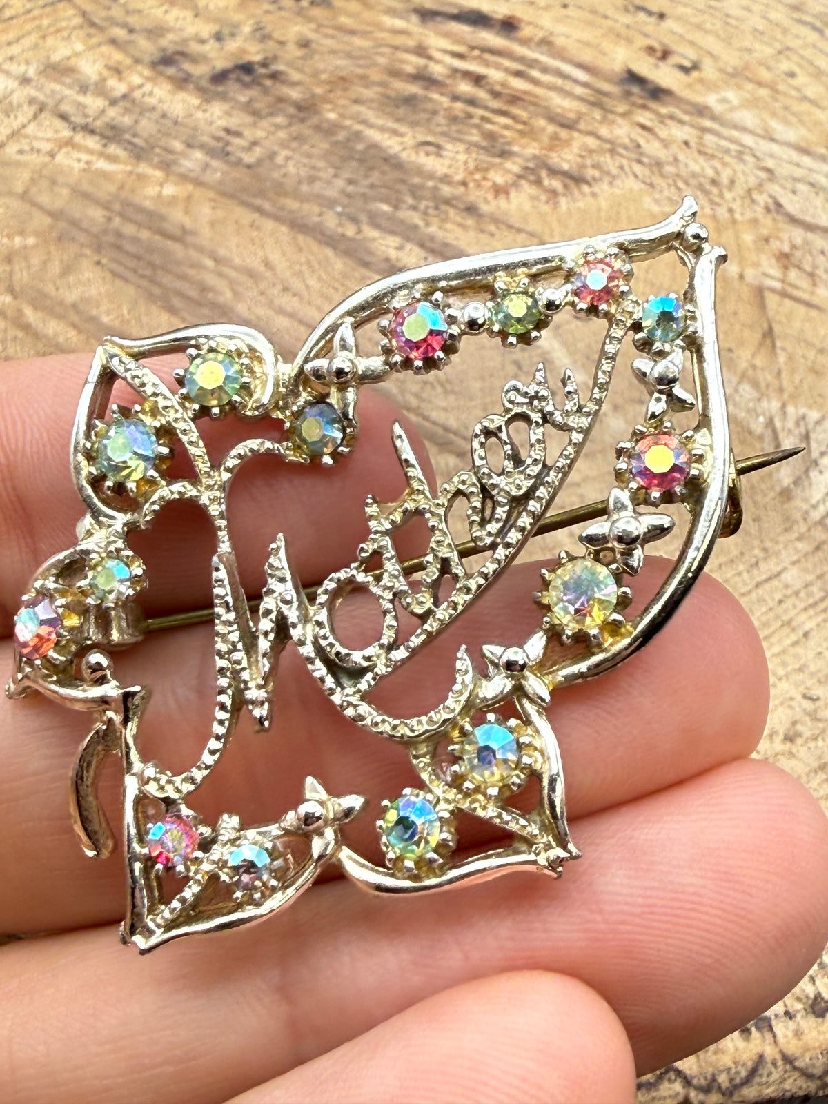 Vintage Mother Brooch, Aurora Borealis Rhinestones