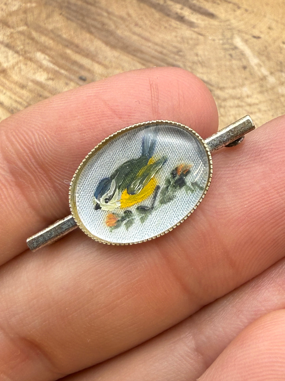 Vintage Hand Painted Blue Tit Bar Brooch