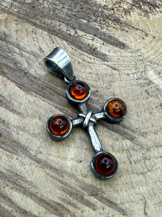 Vintage Sterling Silver Amber Cross Pendant