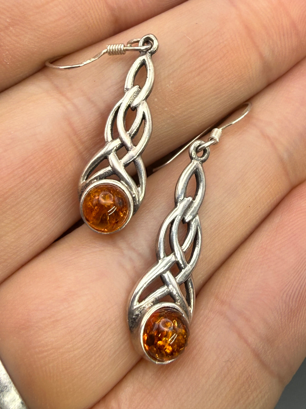 Vintage Sterling Silver Celtic Knot Amber Earrings