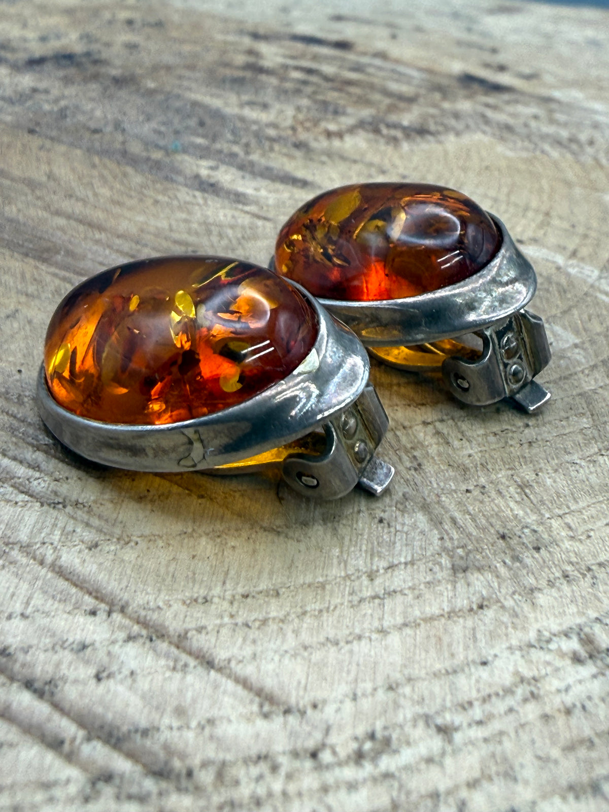 Vintage Oval Baltic Amber Clip On Earrings, Sterling Silver