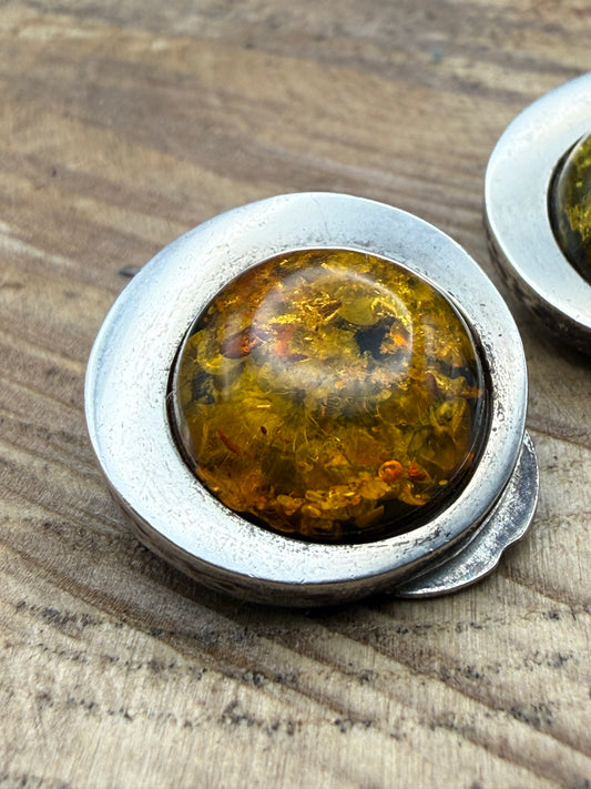 Vintage Sterling Silver Amber Clip-On Earrings