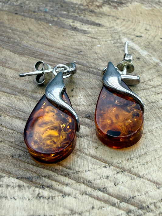 Vintage Sterling Silver Amber Teardrop Earrings