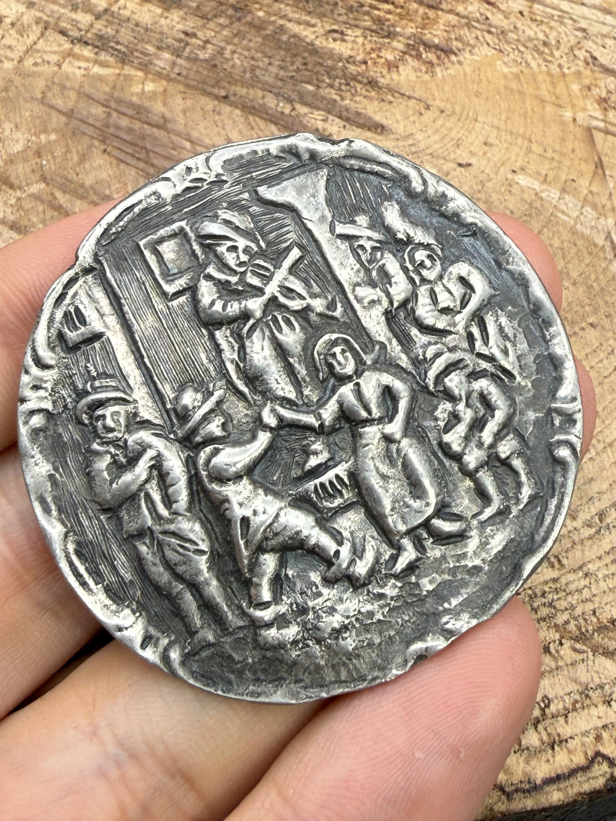 Vintage Flemish Tavern Scene Brooch, Dutch Pewter