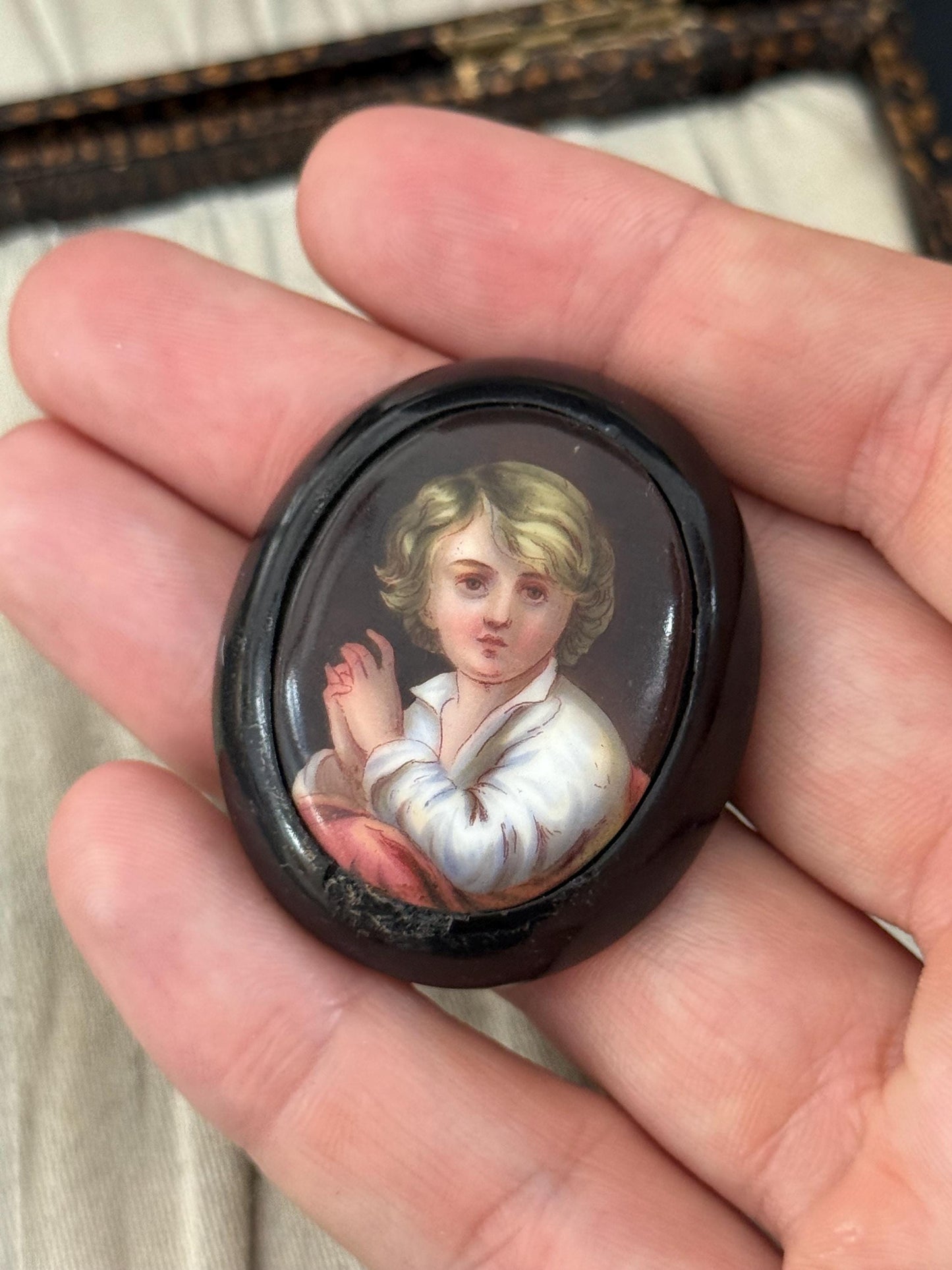 Antique Whitby Jet Handpainted Portrait Brooch