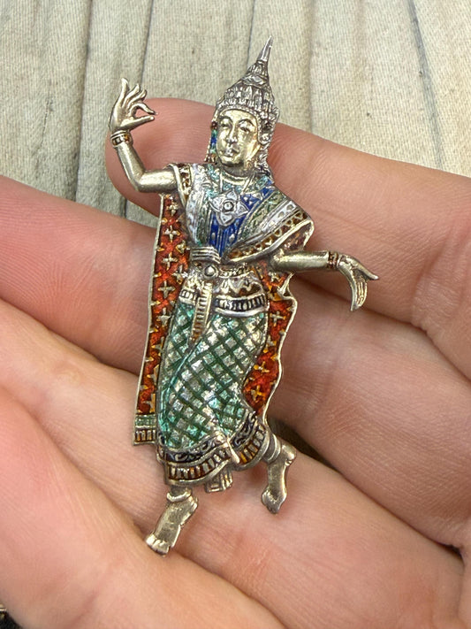 Vintage Siam Sterling Silver & Enamel Dancer Brooch
