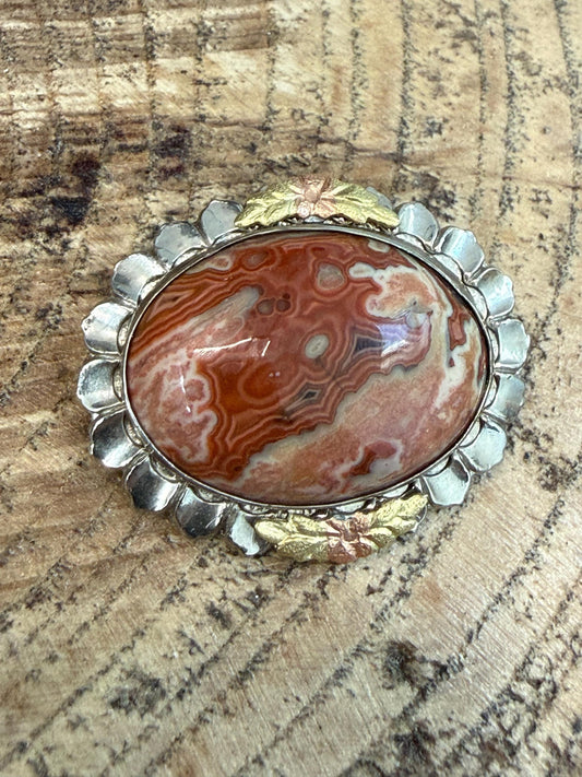 Vintage Sterling Silver Crazy Lace Agate Brooch