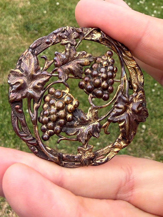 Antique Art Nouveau Grapes & Vine Repousse Brooch