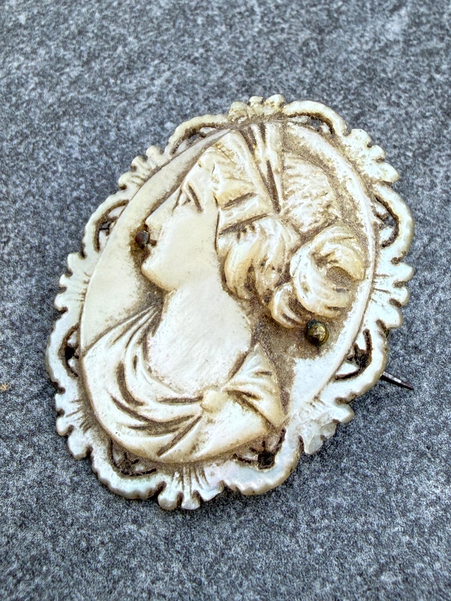 Antique Mother of Pearl Hand Carved Cameo Brooch