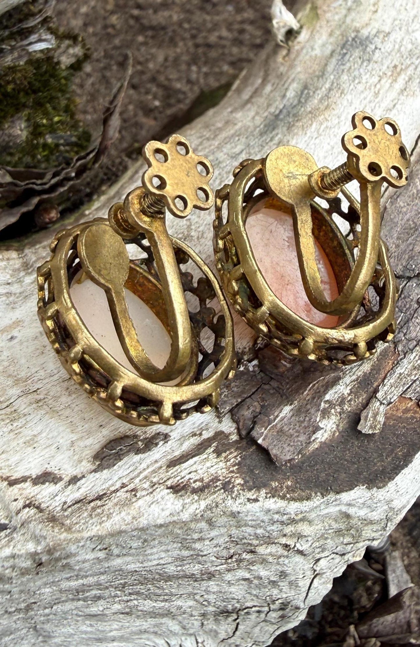 Vintage Cameo Screw Back Shell Earrings