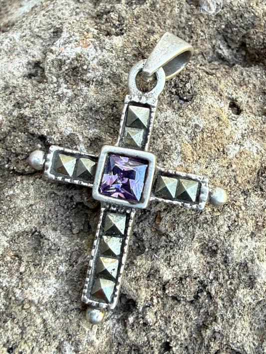 Vintage Sterling Silver Amethyst & Marcasite Cross Pendant