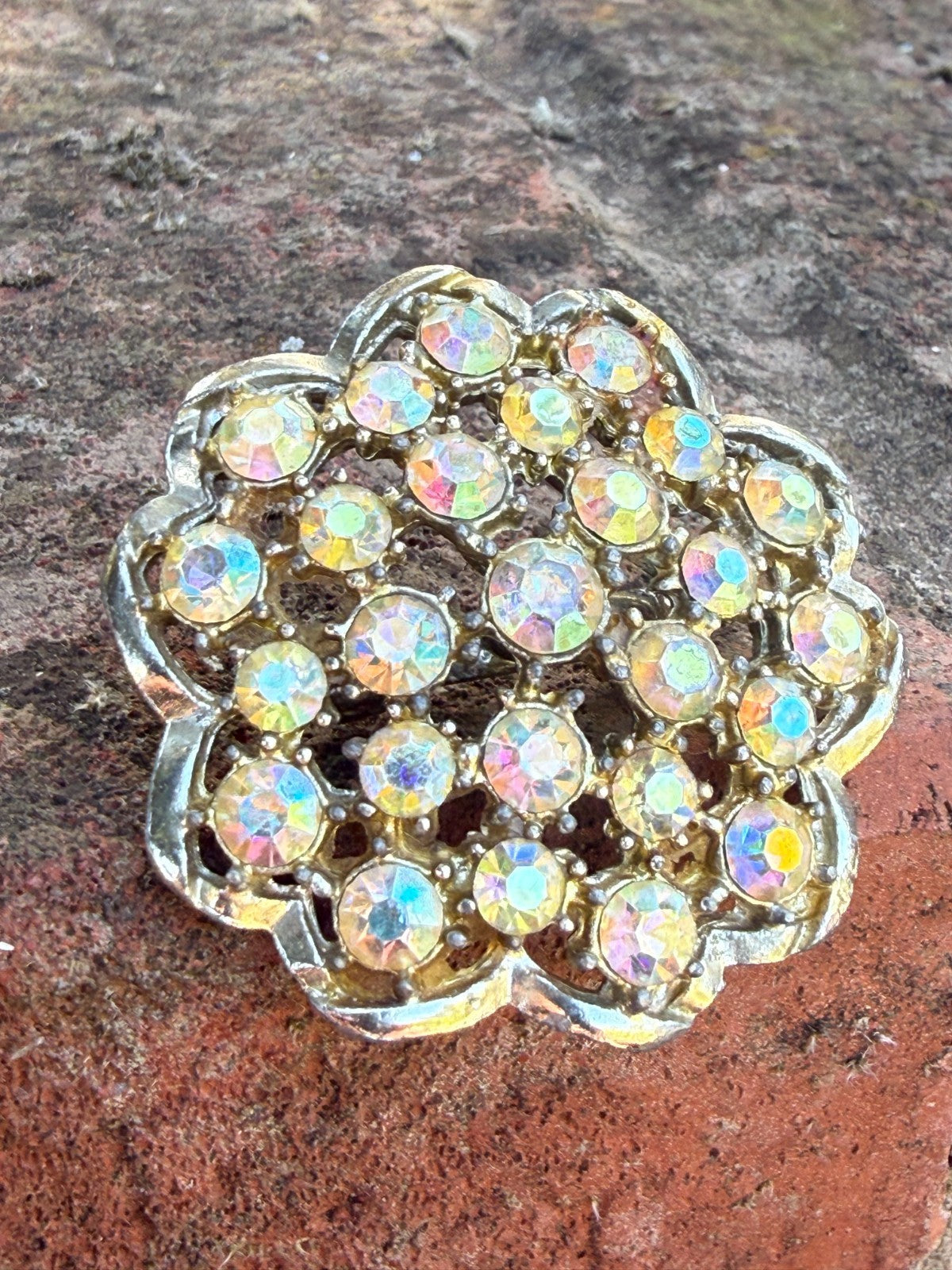 Vintage Yellow Aurora Borealis Brooch Gold Tone Rhinestone Sparkly Mid Century