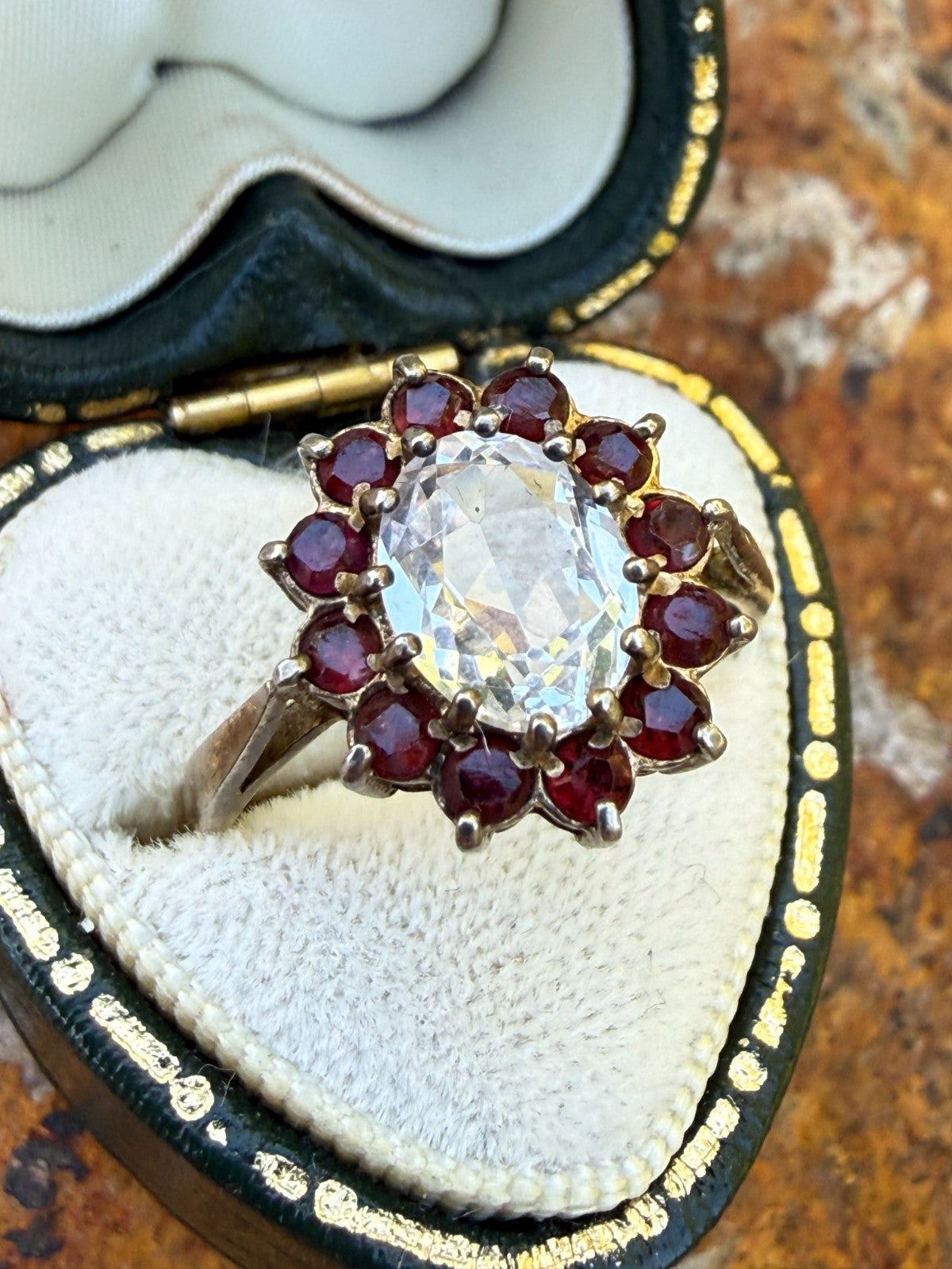 Vintage Silver Milky Quartz Ring Red Glass Rhinestone Cluster Cocktail Size M