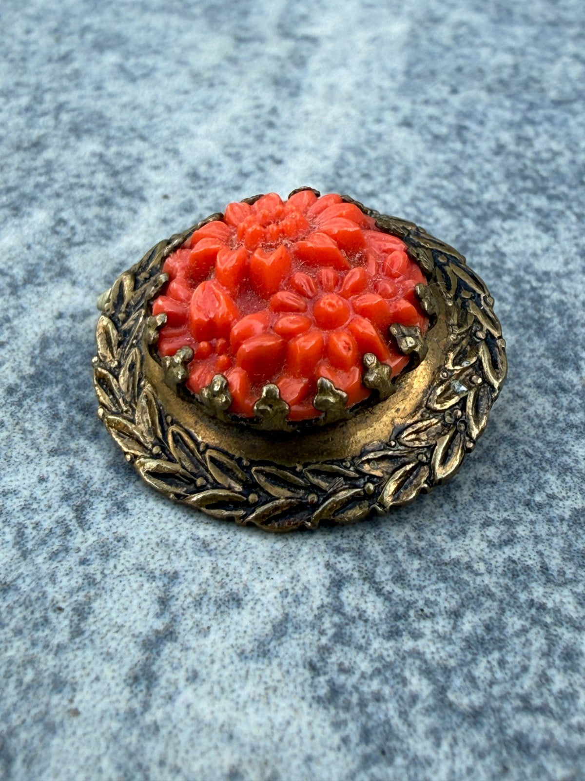 Antique Art Deco Brooch Red Celluloid Floral Pin Faux Coral Gold Tone Lapel