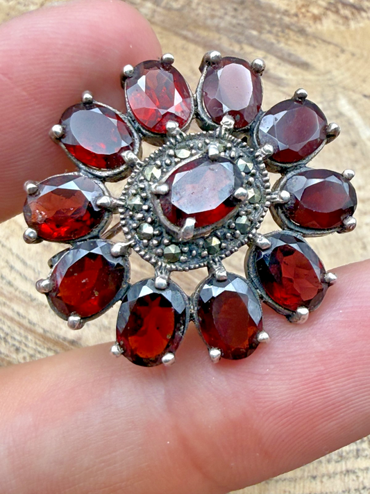Vintage Sterling Silver Red Garnet Brooch Marcasite Flowerhead Cluster Pin