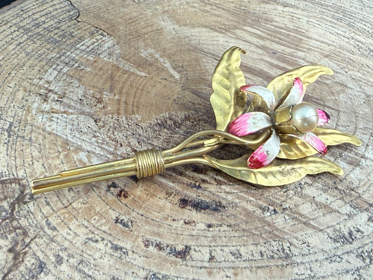 Vintage Orchid Spray Brooch Cold Painted Faux Pearl Floral Mid Century Gold Tone