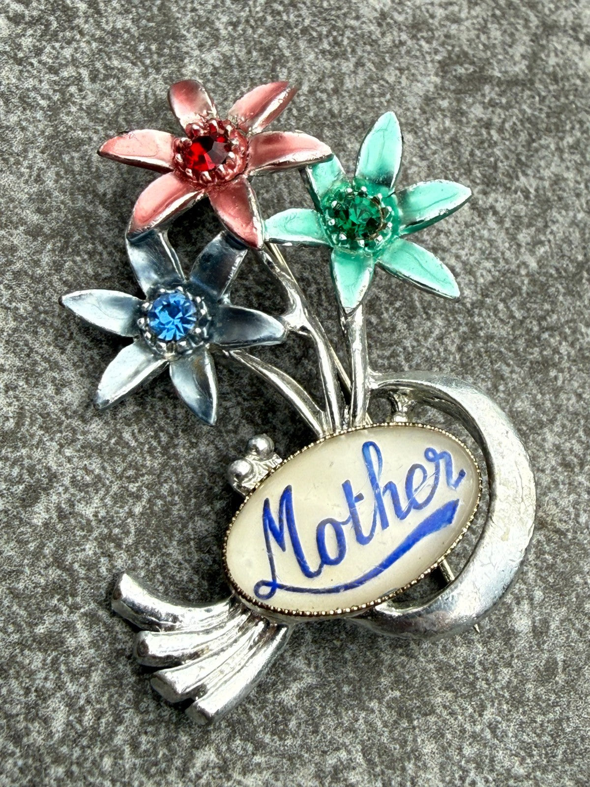 Vintage Mother Brooch Silver Tone Flower Pin Grandmother Mum Mom Colourful