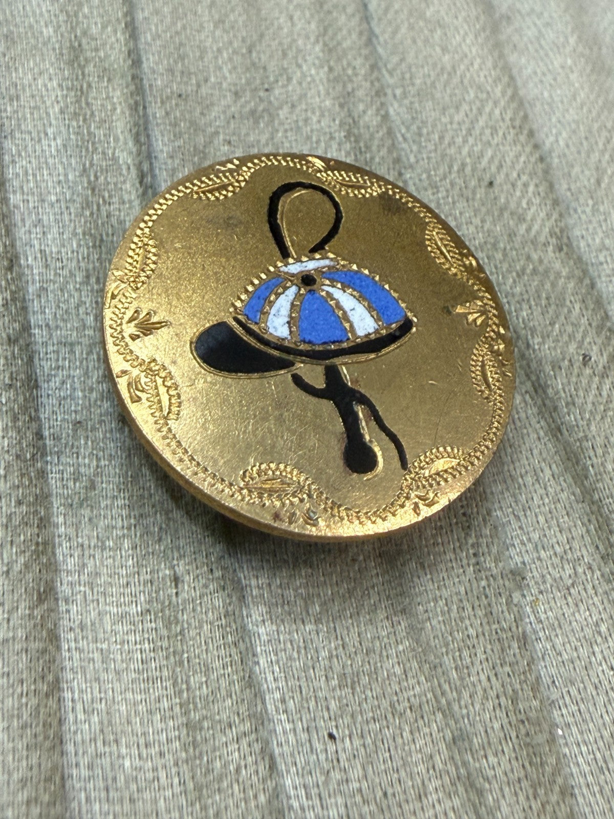 Antique Horse Racing Enamel Lapel Pin Jockey Cap Blue White Equestrian Whip