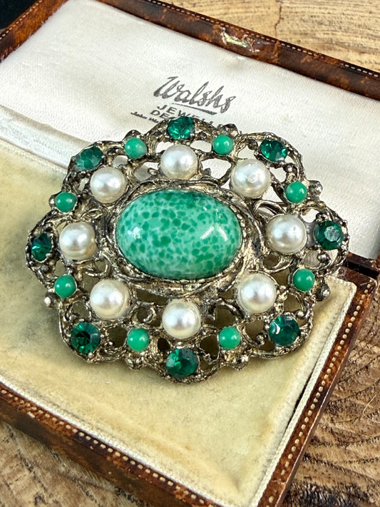 Vintage Hollywood Brooch Green Glass Faux Pearl Rhinestone Gold Tone Pin